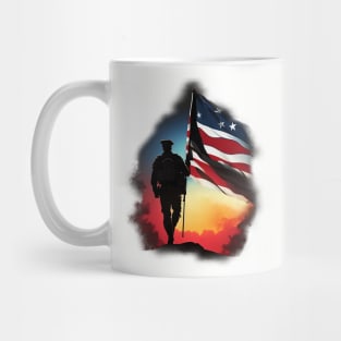 Solider holding United States flag, Mug